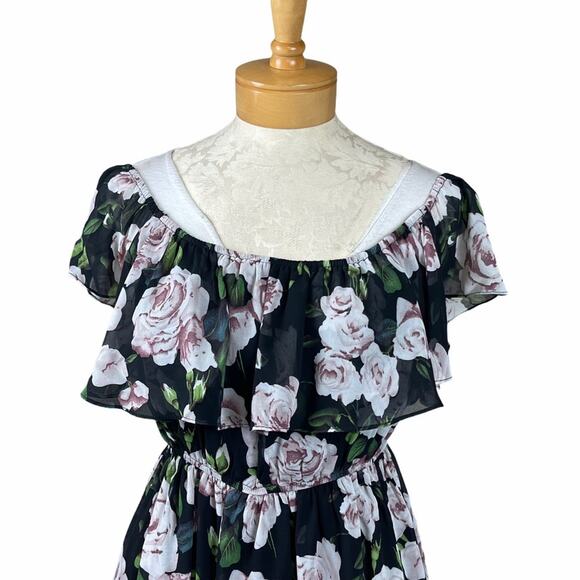 Lucy Paris Off the Shoulder Floral Dress Black L - Picture 2 of 10